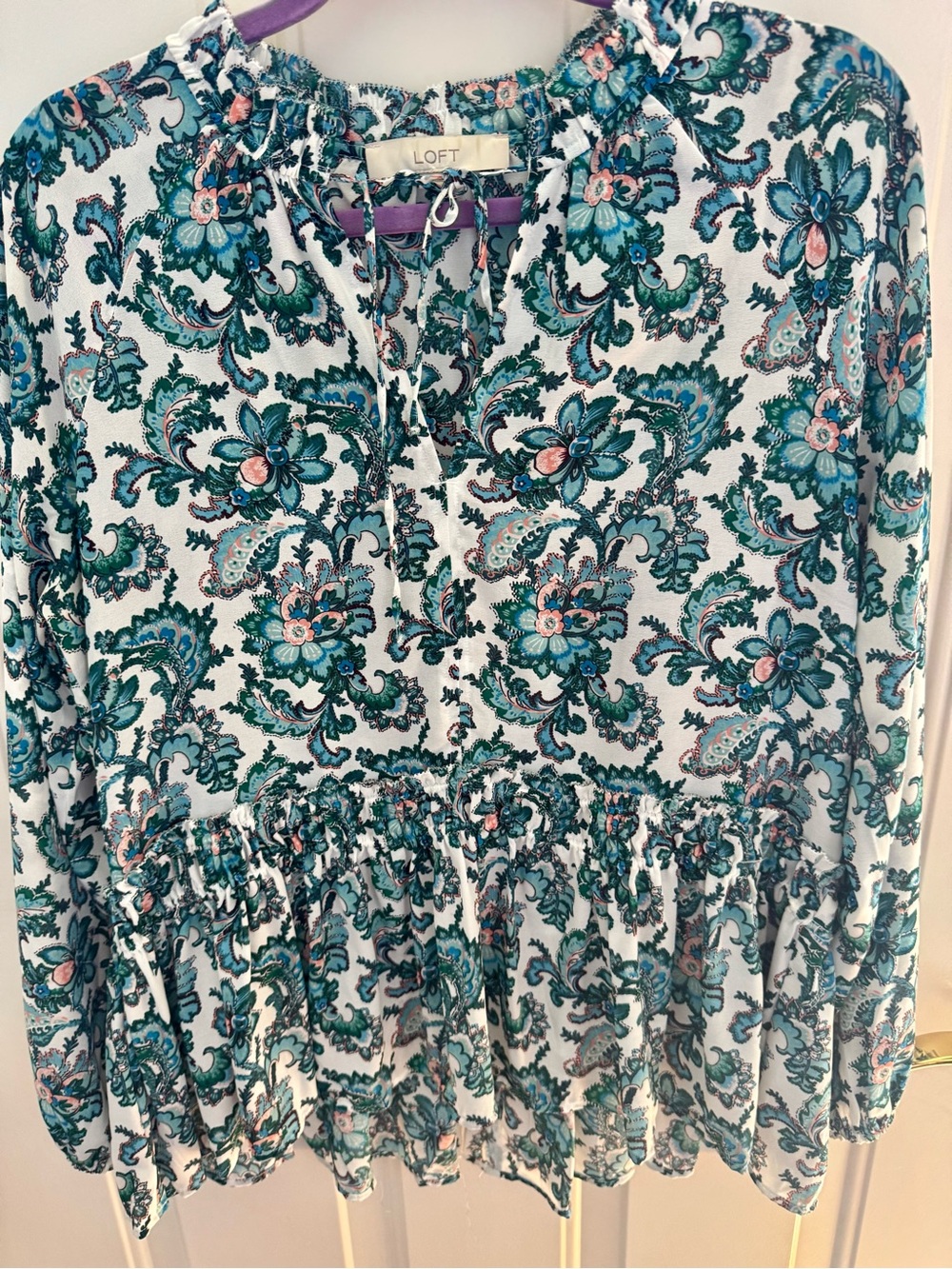LOFT Teal, Pink & Blue Floral Paisley Tie-Neck Blouse